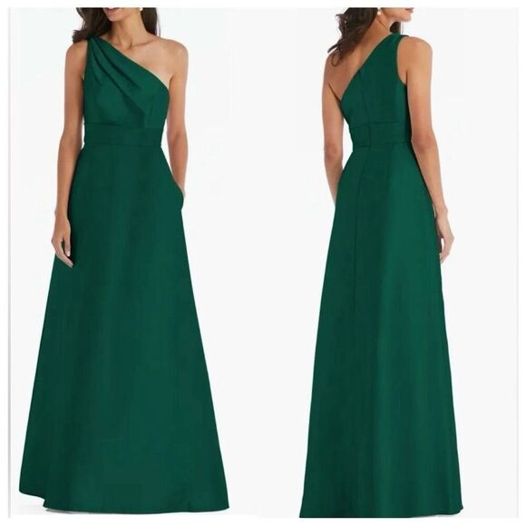 NWOT Alfred Sung Satin Twill One Shoulder A-line Pocket Gown - Picture 1 of 9